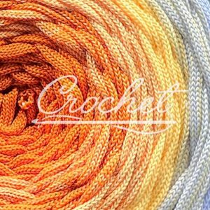 SZNUREK OMBRE POLIESTROWY 5mm – PŁASKI – POMARAŃCZOWY/JASNY ŻÓŁTY/MROŹNY BŁĘKIT 240m CROCHET