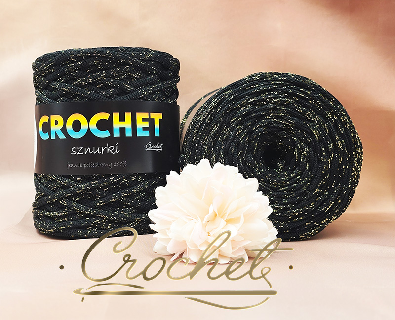 SZNUREK POLIESTROWY PŁASKI LUREX 5mm CROCHET – CZARNY + ZŁOTA NIĆ 100mb sznurek poliestrowy płaski błyszcząca nić czarny ze złotą itką lurex pimotki