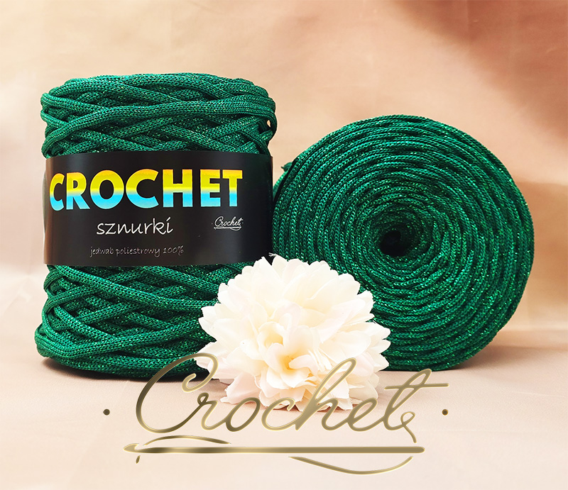 SZNUREK POLIESTROWY PŁASKI LUREX 5mm CROCHET – JASNA ZIELEŃ BUTELKOWA + ZIELONA NIĆ 100mb sznurek poliestrowy płaski błyszcząca nić burgund ze złotą itką lurex pimotki