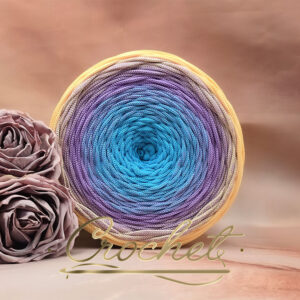 SZNUREK OMBRE POLIESTROWY 5mm PŁASKI – CROCHET – BŁĘKITNY/LAWENDA/JASNY ŻÓŁTY 250m