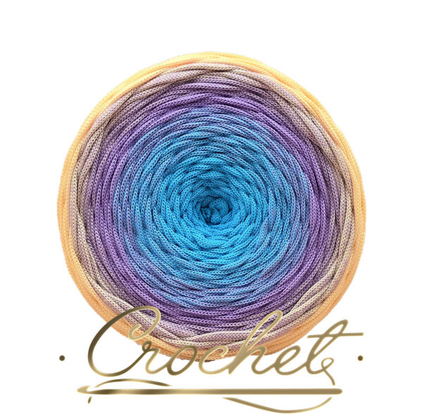 SZNUREK OMBRE POLIESTROWY 5mm PŁASKI – CROCHET – BŁĘKITNY/LAWENDA/JASNY ŻÓŁTY 250m