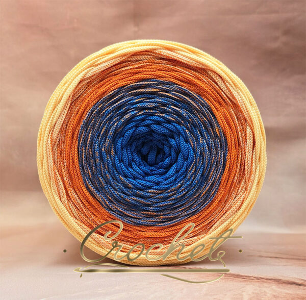 SZNUREK OMBRE POLIESTROWY 5mm – PŁASKI – JASNY CHABROWY/POMARAŃCZOWY/JASNY ŻÓŁTY 255m CROCHET