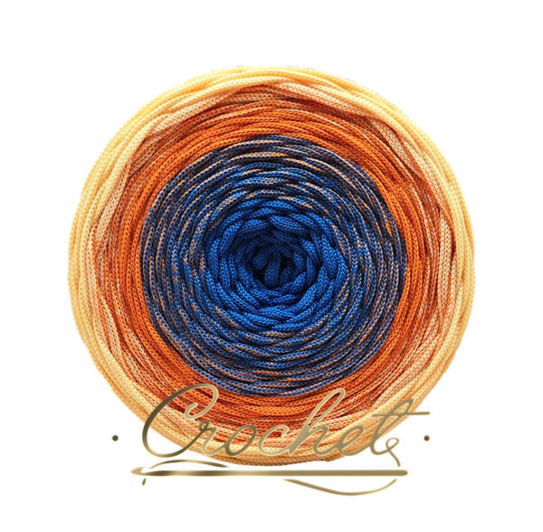 SZNUREK OMBRE POLIESTROWY 5mm – PŁASKI – JASNY CHABROWY/POMARAŃCZOWY/JASNY ŻÓŁTY 255m CROCHET