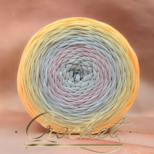 SZNUREK OMBRE POLIESTROWY 5mm PŁASKI – CROCHET – JASNY POPIELATY/ZAWILEC/JASNY POPIELATY/JASNY ŻÓŁTY 220m !!!NIERÓWNE PRZEJŚCIA!!!