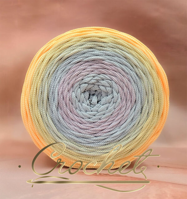SZNUREK OMBRE POLIESTROWY 5mm PŁASKI – CROCHET – JASNY POPIELATY/ZAWILEC/JASNY POPIELATY/JASNY ŻÓŁTY 220m !!!NIERÓWNE PRZEJŚCIA!!!