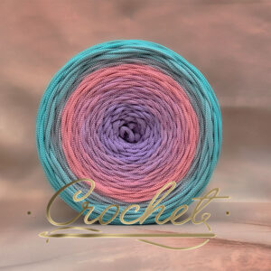 SZNUREK OMBRE POLIESTROWY 5mm PŁASKI – CROCHET – LAWENDA/ZAWILEC/JASNY TURKUS 235m