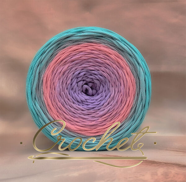 SZNUREK OMBRE POLIESTROWY 5mm PŁASKI – CROCHET – LAWENDA/ZAWILEC/JASNY TURKUS 235m