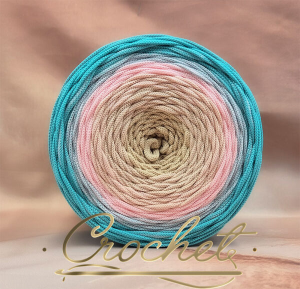 SZNUREK OMBRE POLIESTROWY 5mm PŁASKI – CROCHET – JASNY BEŻ/PUDROWY RÓŻ/JASNY TURKUS 245m