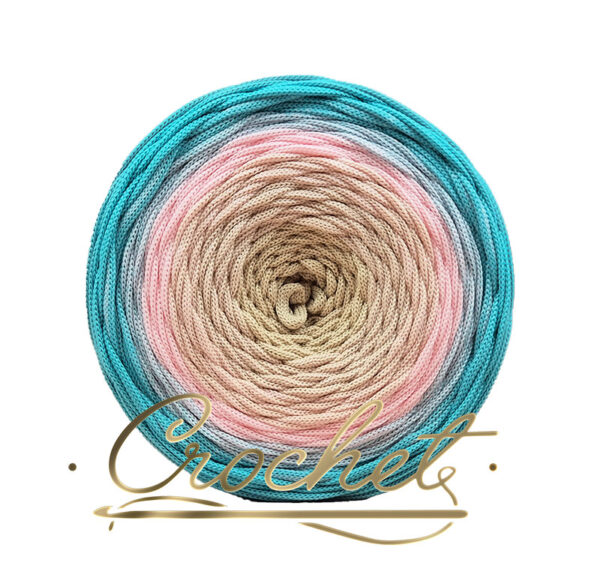 SZNUREK OMBRE POLIESTROWY 5mm PŁASKI – CROCHET – JASNY BEŻ/PUDROWY RÓŻ/JASNY TURKUS 245m