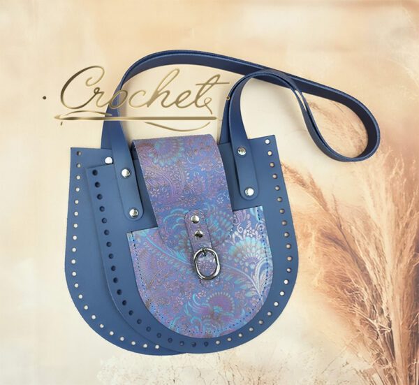 Zestaw skórzany SHOPPERKA GIULIA – CROCHET – 21x22cm CIEMNY JEANS/WRZOSOWO TURKUSOWY PRINT