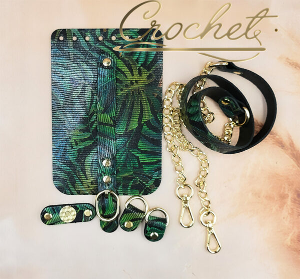 ZESTAW SKÓRZANY DO TOREBKI – CROCHET – KLAPKA 12x18cm MONSTERA PASECZEK Z ŁAŃCUSZKIEM