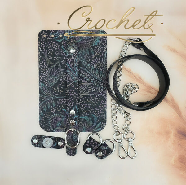 ZESTAW SKÓRZANY DO TOREBKI – CROCHET – KLAPKA 12x18cm WRZOSOWO TURKUSOWY PRINT Z ŁAŃCUSZKIEM – GLAMOUR EDITION – OKUCIA SREBRNE IT