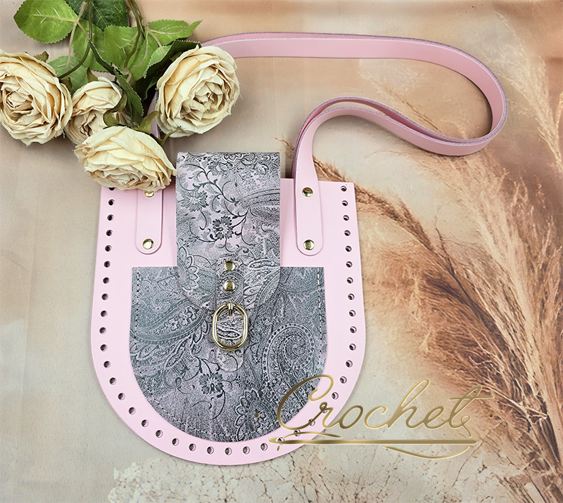 Zestaw skórzany SHOPPERKA GIULIA – CROCHET – 21x22cm PUDROWY RÓŻ/BOHO NR1 PINK EDITION zestaw skórzany do shopperki giulia skóra ozdobna różowa torebka słodki róż baza ze skóry do torebki na szydełku boho style