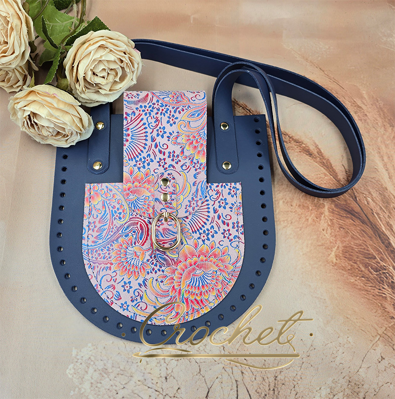Zestaw skórzany SHOPPERKA GIULIA – CROCHET – 21x22cm CIEMNY JEANS/CHABROWO CZEROWNY PRINT PINK EDITION zestaw skórzany do torebki zestaw do shopperki giulia oreo bag skórzana baza do shopperki