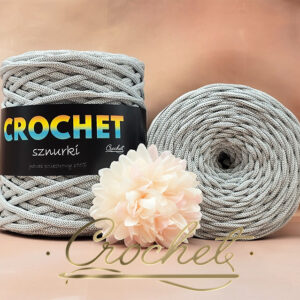 SZNUREK POLIESTROWY PŁASKI LUREX 5mm CROCHET – JASNY POPIELATY + SREBRNA NIĆ 100mb