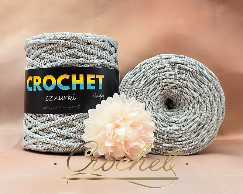 SZNUREK POLIESTROWY PŁASKI LUREX 5mm CROCHET – JASNY POPIELATY + SREBRNA NIĆ 100mb sznurek poliestrowy płaski błyszcząca nić lurex pimotki poliyarn złota nić złoty lurex jasny popielaty srebra nić
