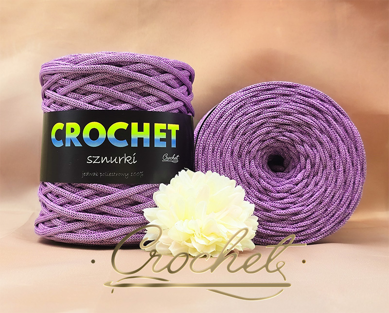 SZNUREK POLIESTROWY PŁASKI LUREX 5mm CROCHET – LAWENDA + LAWENDOWA NIĆ 100mb sznurek poliestrowy płaski błyszcząca nić lurex pimotki poliyarn złota nić złoty lurex lawenda lawendowy lurex