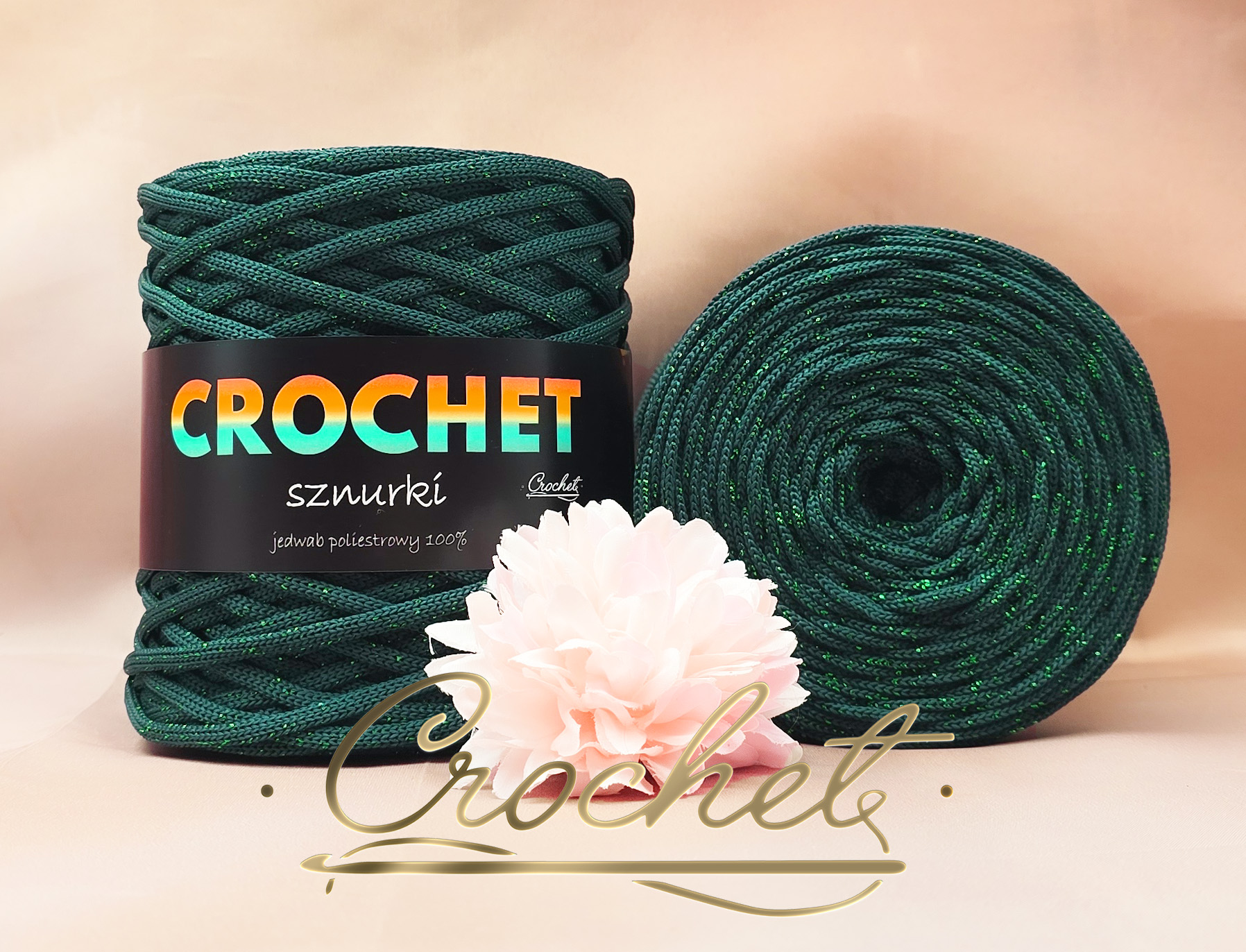SZNUREK POLIESTROWY PŁASKI LUREX 5mm CROCHET – ZIELEŃ BUTELKOWA + ZIELONA NIĆ 100mb sznurek poliestrowy płaski błyszcząca nić lurex pimotki poliyarn złota nić złoty lurex zieleń butelkowa zielony lurex