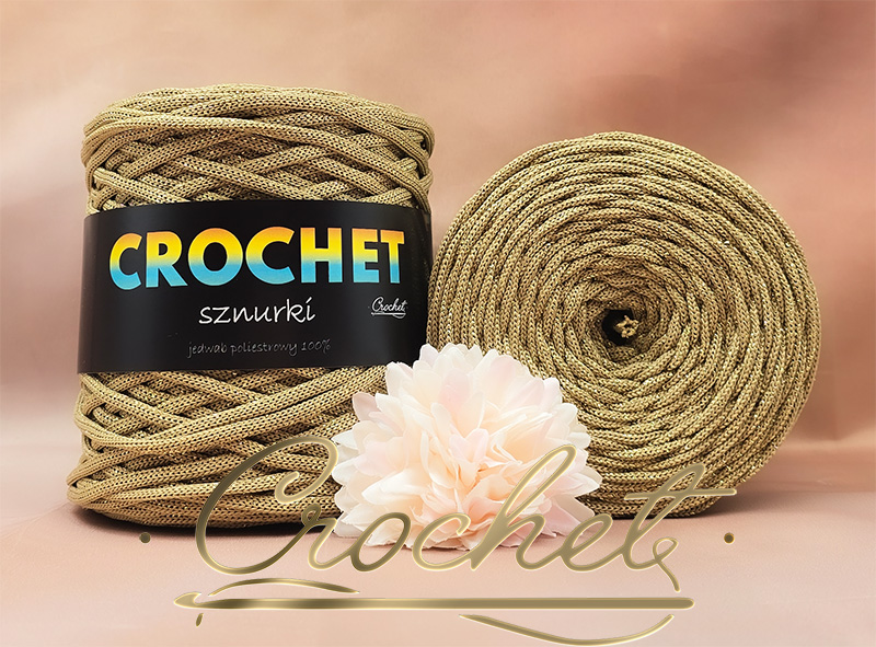SZNUREK POLIESTROWY PŁASKI LUREX 5mm CROCHET – ZŁOTY + ZŁOTA NIĆ 50mb sznurek poliestrowy płaski błyszcząca nić lurex pimotki poliyarn złoty złoty lurex