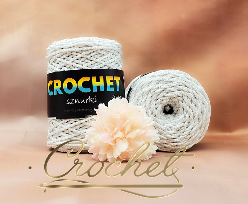 SZNUREK POLIESTROWY OKRĄGŁY 3mm CROCHET – BIAŁY + SREBRNA NIĆ 50mb sznurek poliestrowy okrągły pleciony najlepszy sznurek na rynku crochet sznurki pimotki mila biały srebrna nić
