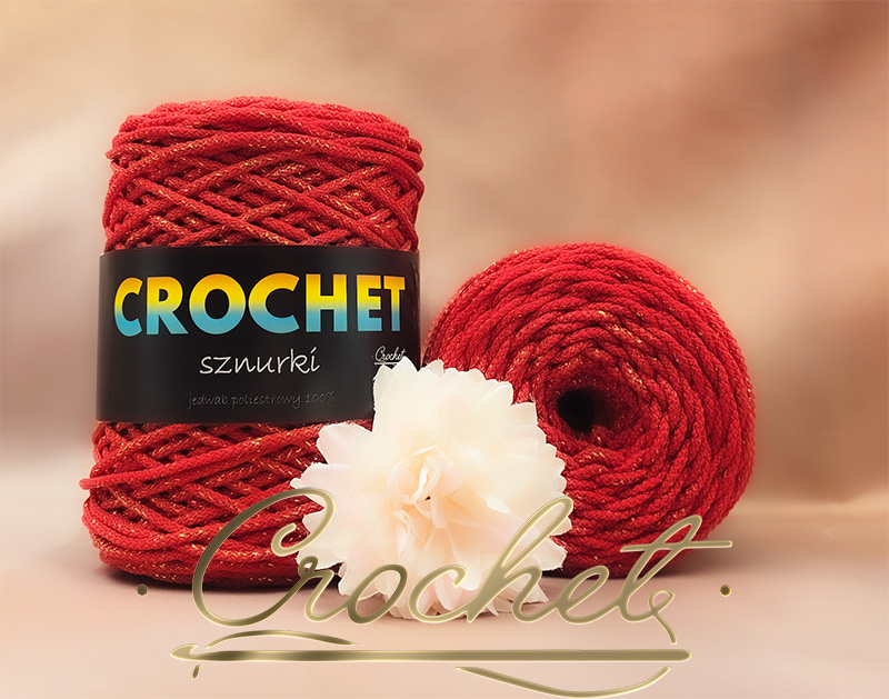 SZNUREK POLIESTROWY OKRĄGŁY 3mm CROCHET – CZERWONY + ZŁOTA NIĆ 100mb sznurek poliestrowy okrągły pleciony najlepszy sznurek na rynku crochet sznurki pimotki mila czerwony złota nić lurex