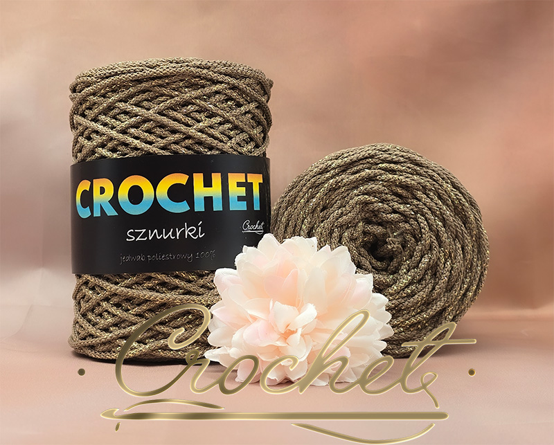 SZNUREK POLIESTROWY OKRĄGŁY 3mm CROCHET – ZIEMISTY + ZŁOTA NIĆ 50mb sznurek poliestrowy okrągły pleciony 3mm makrama torebka ze sznurka sznurek z błyszczącą nicią