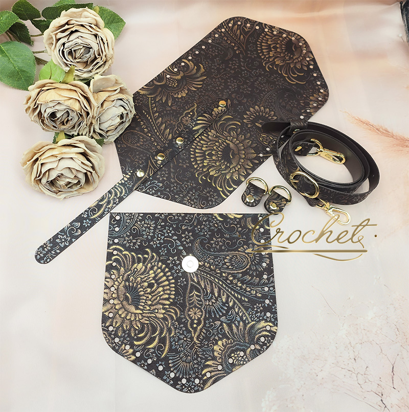 ZESTAW SKÓRZANY BAZA ASTRID – CROCHET – ZŁOTY PRINT OKUCIA ZŁOTE CHOCO EDITION baza skórzana do torebki baza astrid karolove sploty torebka oreo bag listonoszka złoty print złoty ornament