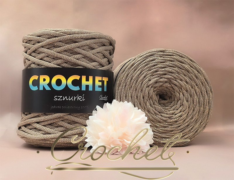SZNUREK POLIESTROWY PŁASKI LUREX 5mm CROCHET – MOKKA + CIEMNO ZŁOTA NIĆ 100mb sznurek poliestrowy płaski błyszcząca nić lurex pimotki poliyarn lurex błyszcząca nić mokka beżowa nić