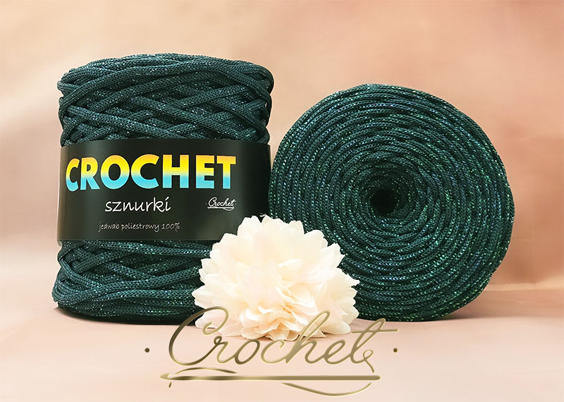 SZNUREK POLIESTROWY PŁASKI LUREX 5mm CROCHET – ZIELEŃ BUTELKOWA + CIEMNO PERŁOWA NIĆ 100mb sznurek poliestrowy płaski błyszcząca nić lurex pimotki poliyarn lurex błyszcząca nić zieleń butelkowa ciemno perłowa nić