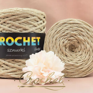SZNUREK POLIESTROWY PŁASKI LUREX 5mm CROCHET – JASNY BEŻ + ZŁOTA NIĆ 100mb