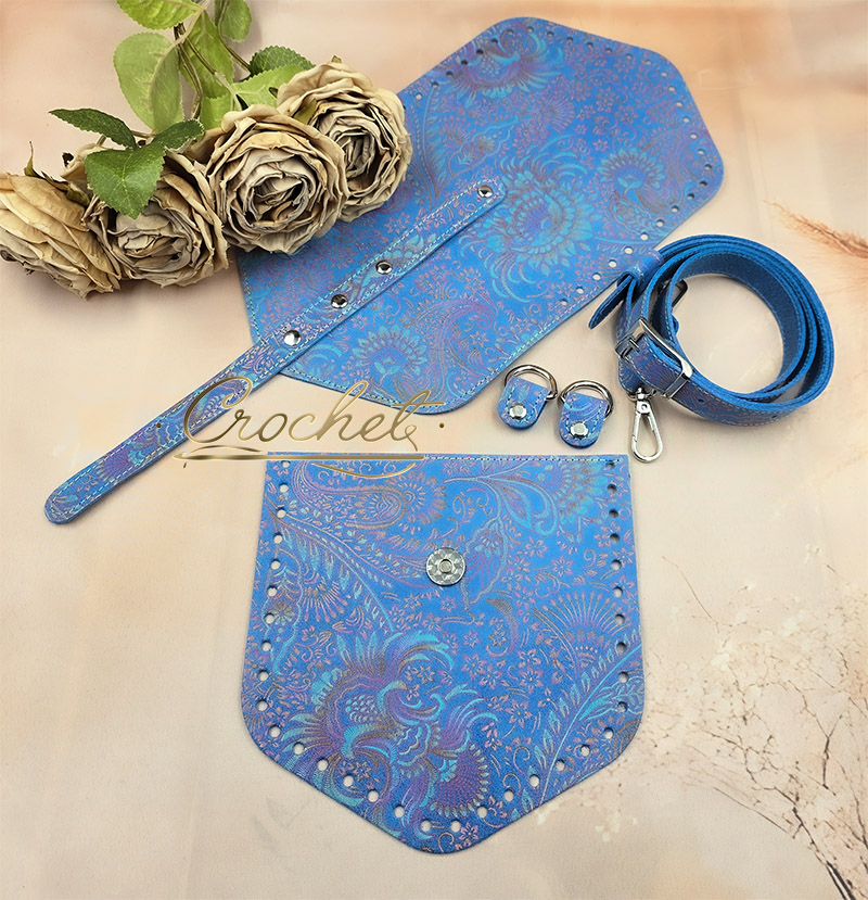 ZESTAW SKÓRZANY BAZA ASTRID – CROCHET – WRZOSOWO TURKUSOWY PRINT BLUE EDITION OBSZYCIE PASTELOVE OKUCIA SREBRNE IT3 zestaw skórzany baza astrid do torebki oreo
