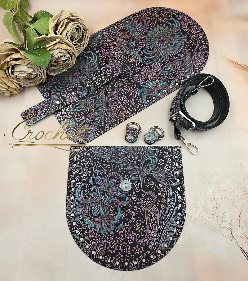 ZESTAW SKÓRZANY BAZA FREYA – CROCHET – WRZOSOWO TURKUSOWY PRINT GLAMOUR EDITION OBSZYCIE LAWENDOWE OKUCIA SREBRNE IT3 zestaw skórzany baza freya torebka na szydełku astrid diament