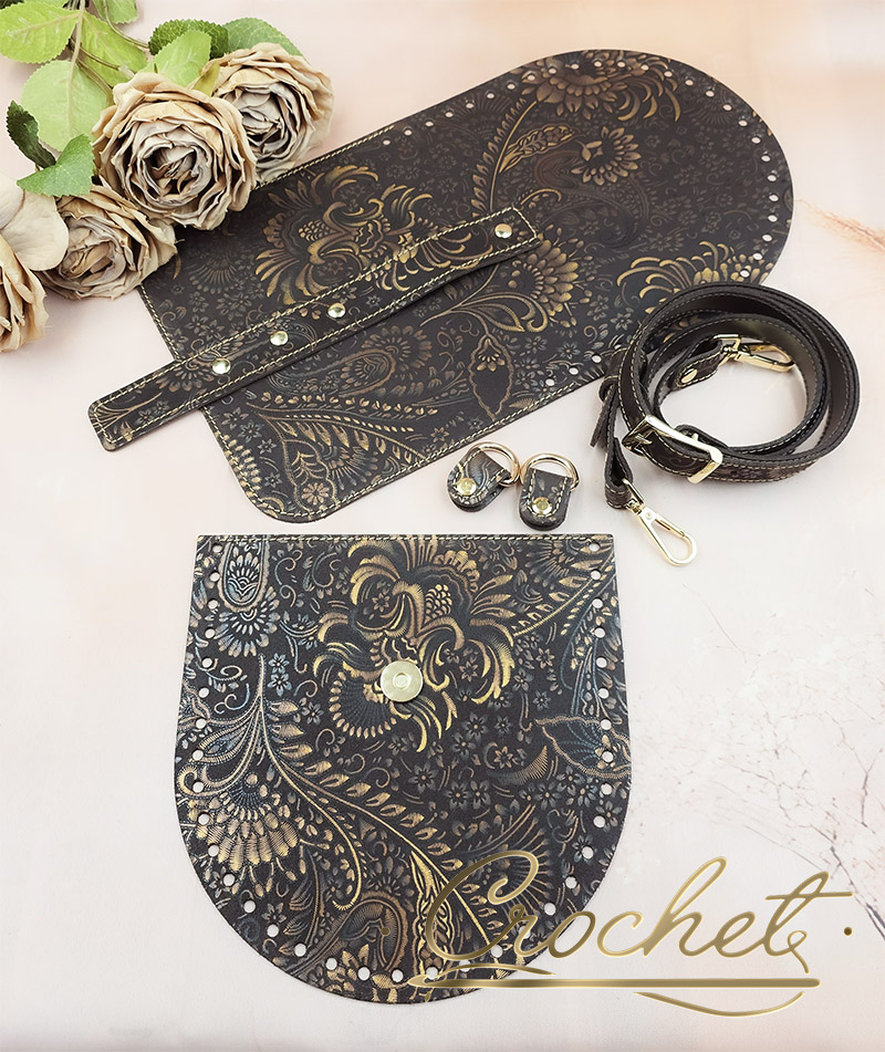 ZESTAW SKÓRZANY BAZA FREYA – CROCHET – ZŁOTY PRINT CHOCO EDITION OBSZYCIE ZŁOTE OKUCIA ZŁOTE IT3 zestaw skórzany baza freya torebka na szydełku astrid diament