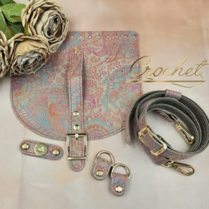 ZESTAW SKÓRZANY DO TOREBKI – 20x18cm RĄCZKA WRZOSOWO TURKUSOWY PRINT OBSZYCIE FUKSJA OKUCIA ZŁOTE IT3 !!!LIMITOWANY EGZEMPLARZ!!!