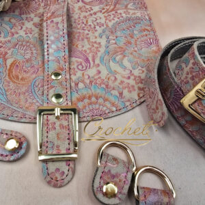 ZESTAW SKÓRZANY DO TOREBKI – 20x18cm RĄCZKA WRZOSOWO TURKUSOWY PRINT OBSZYCIE FUKSJA OKUCIA ZŁOTE IT3 !!!LIMITOWANY EGZEMPLARZ!!!