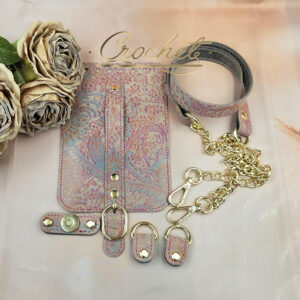 ZESTAW SKÓRZANY DO TOREBKI – CROCHET – KLAPKA 12x18cm WRZOSOWO TURKUSOWY PRINT OBSZYCIE FUKSJOWE OKUCIA ZŁOTE IT/ŁAŃCUCH BEIGE EDITION