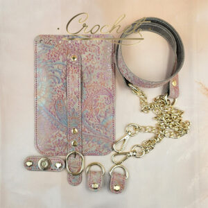 ZESTAW SKÓRZANY DO TOREBKI – CROCHET – KLAPKA 12x18cm WRZOSOWO TURKUSOWY PRINT OBSZYCIE FUKSJOWE OKUCIA ZŁOTE IT/ŁAŃCUCH BEIGE EDITION