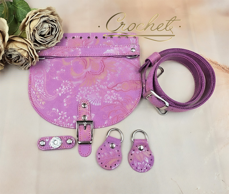 ZESTAW SKÓRZANY OZDOBNY WZORKI – 20x18cm RĄCZKA MIEDZIANO SREBRNY PRINT FUKSJOWE OBSZYCIE OKUCIA SREBRNE IT3 – ORCHID EDITION zestaw skórzany do torebki skóra wzorzysta złoty print złoty ornament