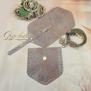 ZESTAW SKÓRZANY BAZA ASTRID – CROCHET – WRZOSOWO TURKUSOWY PRINT BEIGE EDITION OKUCIA ZŁOTE IT