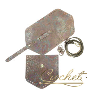 ZESTAW SKÓRZANY BAZA ASTRID – CROCHET – WRZOSOWO TURKUSOWY PRINT BEIGE EDITION OKUCIA ZŁOTE IT