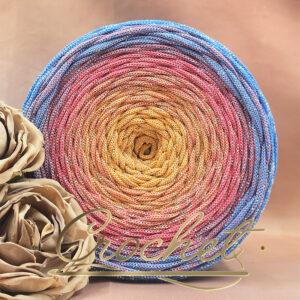 SZNUREK OMBRE POLIESTROWY 5mm – PŁASKI – CANDY SHINE + BŁYSZCZĄCA NIĆ 220m CROCHET