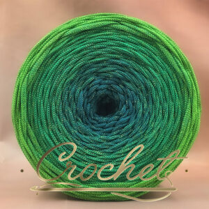 SZNUREK OMBRE POLIESTROWY 5mm – PŁASKI – PISTACCHIO LUCENTE + BŁYSZCZĄCA NIĆ 240m CROCHET !!!1x łączenie NIE PRZESZKADZA W ROBÓTCE!!!