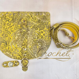ZESTAW SKÓRZANY FOLIOWANY WZORKI – CROCHET MATCH/SŁONECZNY – 20x18cm PASECZEK ZŁOTY PRINT OKUCIA ZŁOTE IT – SUNNY EDITION