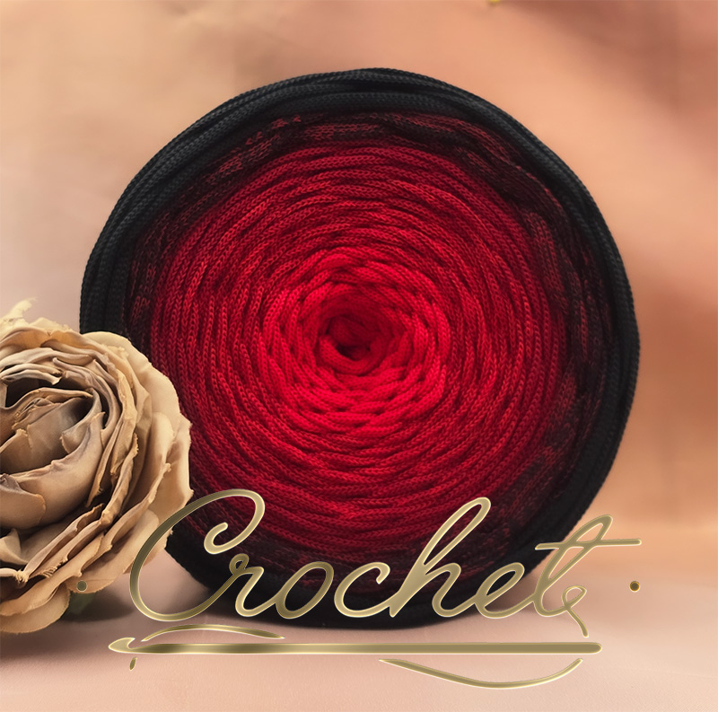 SZNUREK OMBRE POLIESTROWY 5mm – PŁASKI – ! ASENARI – ŻYWIOŁY – OBSIDIAN ROSE 250m – CROCHET sznurek poliestrowy płaski ombre scarlet shadow by asenari czerwony szkarłatny czarny