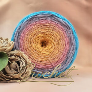 SZNUREK OMBRE POLIESTROWY 5mm – PŁASKI – FIORE LUMINOSO + BŁYSZCZĄCA NIĆ 230m CROCHET