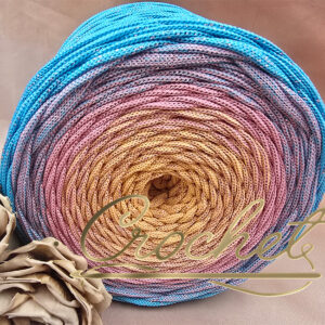 SZNUREK OMBRE POLIESTROWY 5mm – PŁASKI – FIORE LUMINOSO + BŁYSZCZĄCA NIĆ 230m CROCHET