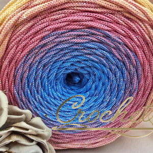 SZNUREK OMBRE POLIESTROWY 5mm – PŁASKI – CANDY GLOW + BŁYSZCZĄCA NIĆ 220m CROCHET