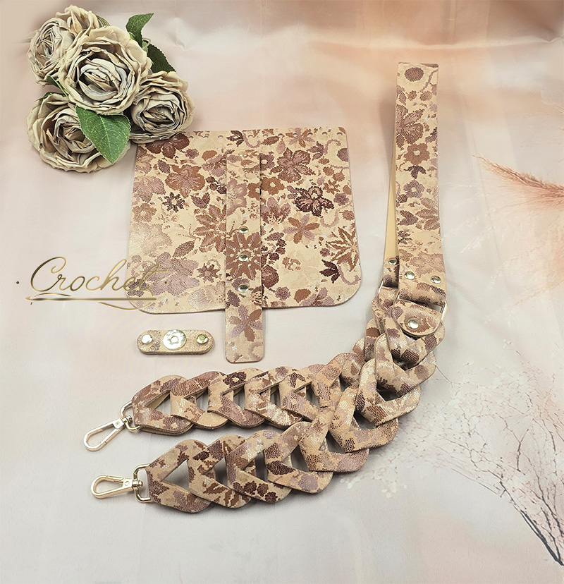 ZESTAW SKÓRZANY DO TOREBKI – CROCHET MATCH/JASNY BEŻ – 20x21cm BEŻOWO BRĄZOWE KWIATY OKUCIA ZŁOTE IT3 – LIGHT CAMEL EDITION zestaw skórzany do torebki skóra naturalna beżowo brązowe kwiaty light camel edition