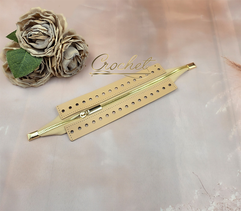 BAZA Z ZAMKIEM SKÓRZANA – ZAMEK CROCHET – 30cm JASNY CAMEL OKUCIA ZŁOTE IT METALOWE KOŃCÓWKI baza skórzana z zamkiem do torebki na szydełku listwa z zamkiem jasny camel
